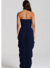 Navy Blue Chiffon Beads Sweetheart Neckline Bandeau Long Prom Dress 